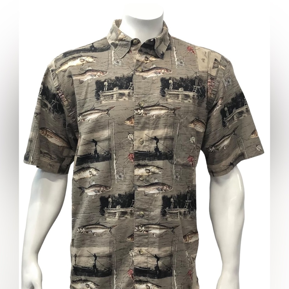 REEL LEGENDS Fishing Flats Rods Bass Button Up Short Sleeve Shirt Brown Large